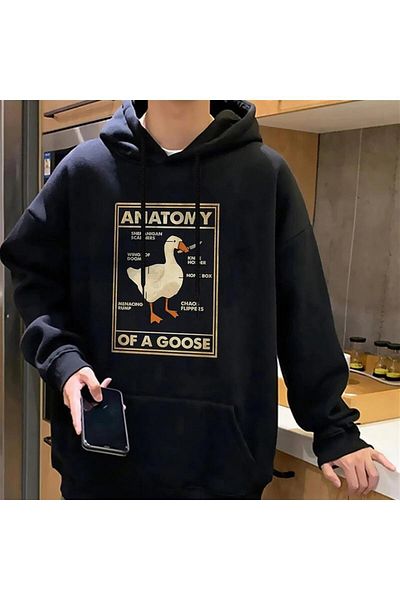 Touz Moda dompuleri fashion Duck Anatomy Printed Μαύρο φούτερ με κουκούλα Unisex Oversize
