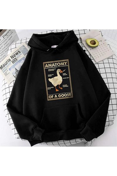 Touz Moda dompuleri fashion Duck Anatomy Printed Μαύρο φούτερ με κουκούλα Unisex Oversize