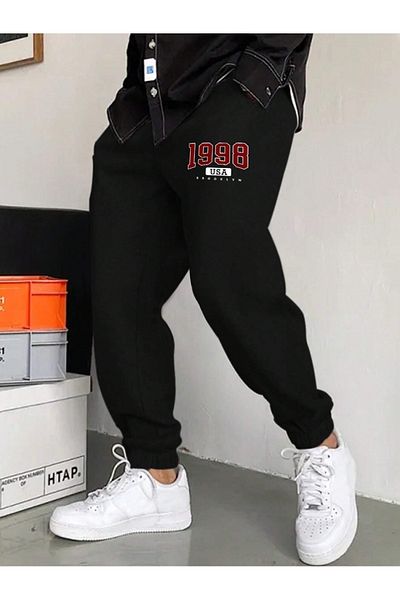 MODARİCH 1998 USA Jogger Sweatpants - Μαύρο εμπριμέ ελαστικό πόδι ψηλά στη μέση