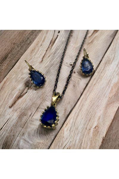 kapris concept aquamarine necklace earring set.copper antiallergic natural stone retro