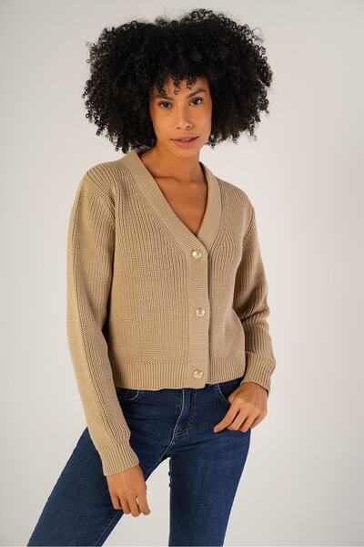 Trist Star سترة نسائية بيج منسوجة برقبة على شكل حرف V 100% قطن