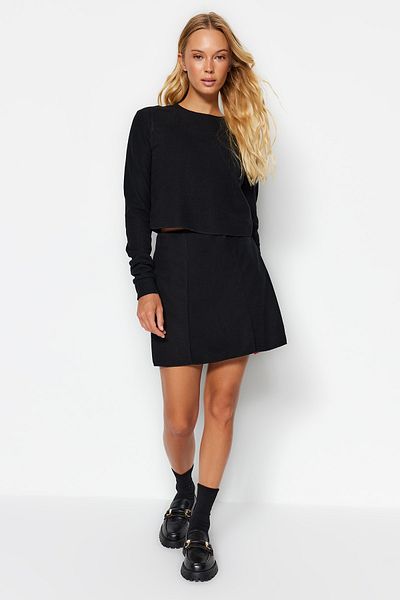 Trendyol Collection Black Stitching Detailed A-Line/Bell Form Thessaloniki/Knitwear Look Mini Knitted Skirt TWOAW24ET00083