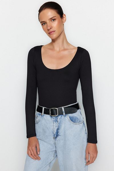 Trendyol Collection Body negru slim cu gât pentru piscină, cu țesătură elastică și moale - mânecă lungă cu închidere automată TWOAW24BD00031