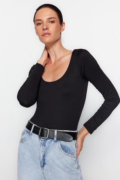 Trendyol Collection Body negru slim cu gât pentru piscină, cu țesătură elastică și moale - mânecă lungă cu închidere automată TWOAW24BD00031