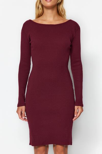 Trendyol Collection Claret Red Ribbed Back Detailed Crew Neck Fitted Mini Stretch Knitted Dress TWOAW24EL00390