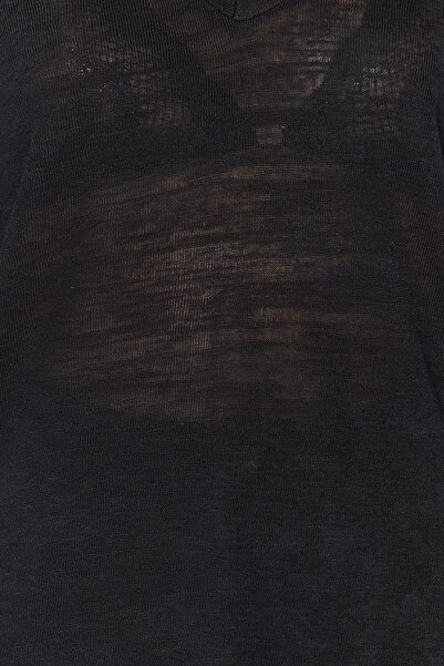 Trendyol Collection Μαύρη λινό λαιμόκοψη με μακρυμάνικη εμφάνιση κανονική/κανονική εφαρμογή πλεκτή μπλούζα TWOAW24BZ00054