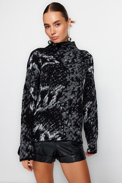 Trendyol Collection Pulover tricotat cu guler vertical cu imprimeu leopard negru TWOAW24KZ01092