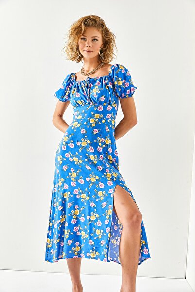 Olalook Γυναικεία Saks Μπλε φόρεμα με σκίσιμο μίντι βισκόζης ELB-19001889