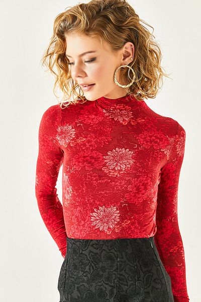 Olalook Women's Red Patterned Half Turtleneck Soft Textured Viscose Knitted Blouse BLZ-19001734