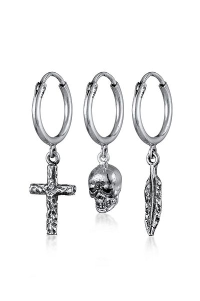 KUZZOI Ohrringe Creolen Set Kreuz Totenkopf Feder 925 Silber