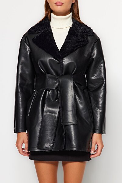 Trendyol Collection Oversize Faux Leather Coat - Belted, Plush Collar Detail, Black Premium Twoaw24Kb00150