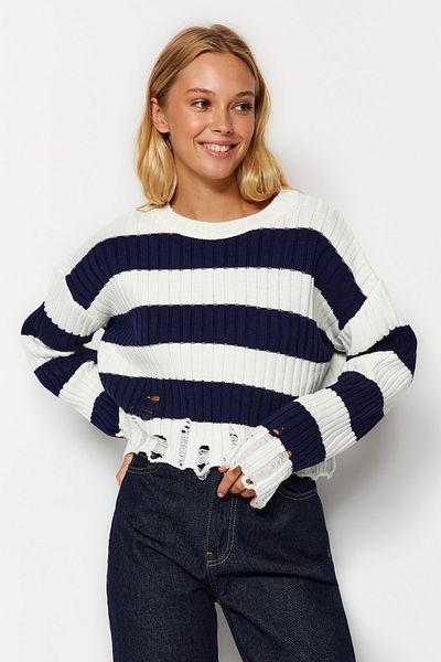 Trendyol Collection Ecru Crop széles szabású csíkos kötöttáru pulóver TWOAW24KZ00905