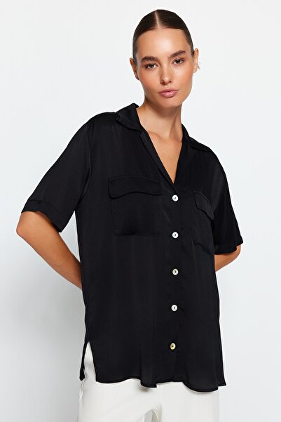 Trendyol Collection Cămașă neagră cu mânecă scurtă din satin TWOAW24GO00206