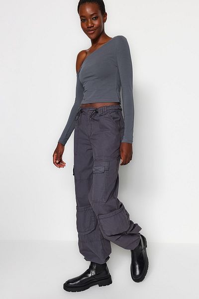 Trendyol Collection Anthracite One Shoulder Cotton Stretchy Fitted Crop Πλεκτή Μπλούζα TWOAW24BZ00099