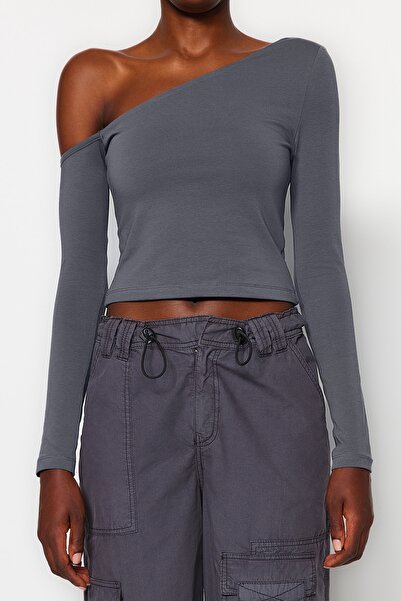 Trendyol Collection Antracitová pletená halenka na jedno rameno Bavlna elastická přiléhavá úpletová TWOAW24BZ00099