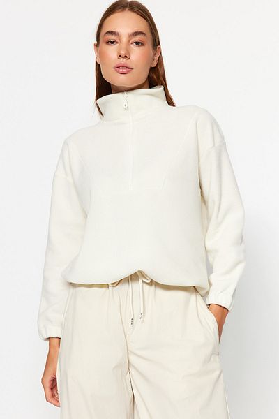 Trendyol Collection Ecru Zipper Detailed Fleecová pletená mikina TWOAW21SW0758