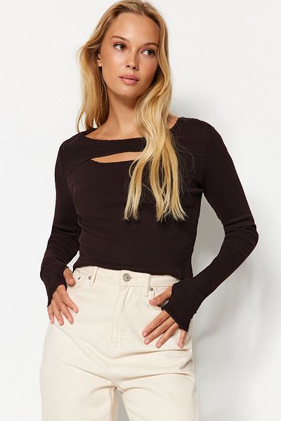 Trendyol Collection Καφέ με ραβδώσεις Εφαρμοσμένο/Εφαρμοσμένο παράθυρο/Αποκοπή Λεπτομερής Crop ελαστική πλεκτή μπλούζα TWOSS21BZ0042