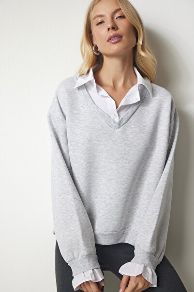 Happiness İstanbul Women's Gray Shirt Detailed Knitted Sweatshirt cr00414