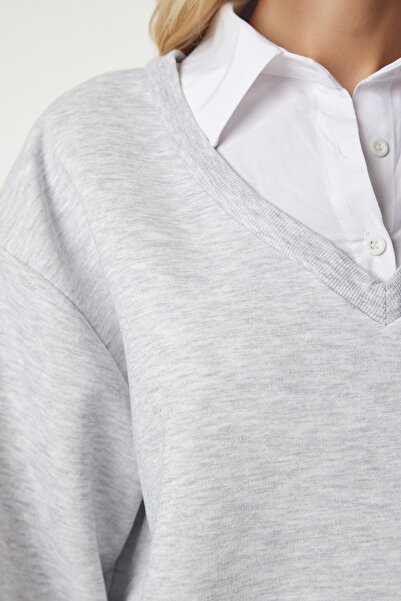 Happiness İstanbul Women's Gray Shirt Detailed Knitted Sweatshirt cr00414