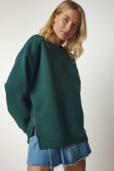 Happiness İstanbul Γυναικείο πλεκτό φούτερ με φερμουάρ χακί με λεπτομέρειες UB00148