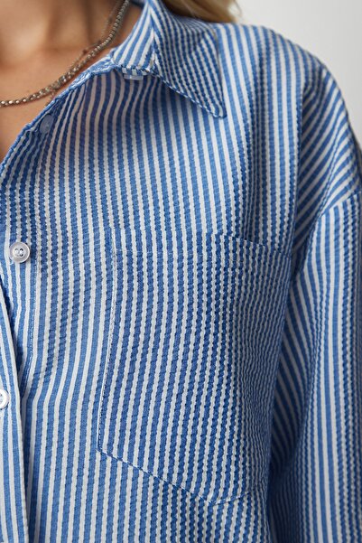 Happiness İstanbul Dámská obloha modrá proužkovaná plodinová košile UB00147