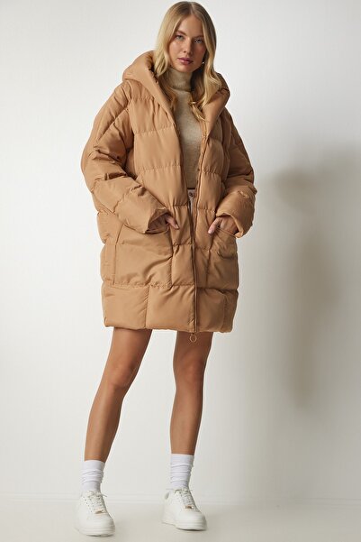 Happiness İstanbul Dámský sušenkový kabát oversize Puffer Coat s kapucí NT00429