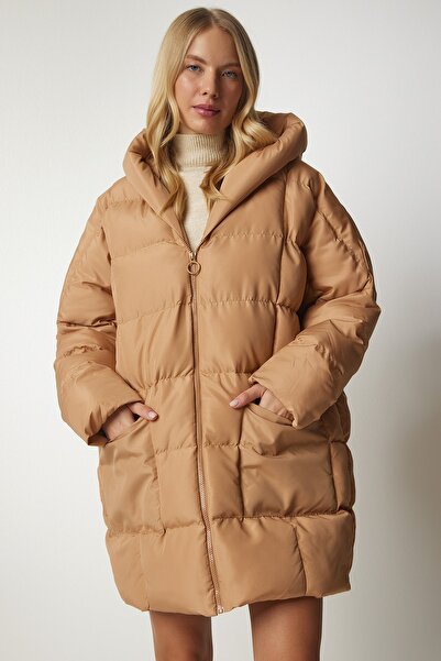 Happiness İstanbul Dámský sušenkový kabát oversize Puffer Coat s kapucí NT00429