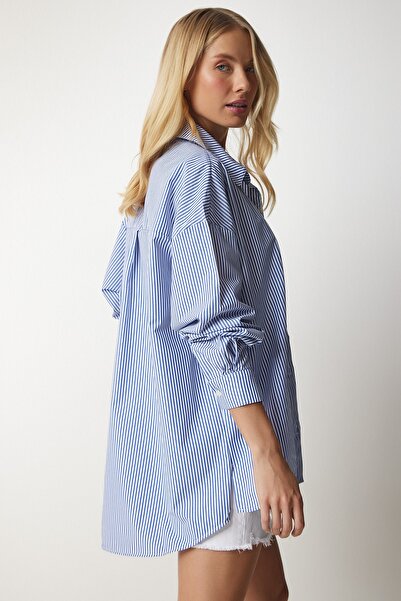 Happiness İstanbul Dámská nebesky modrá pruhovaná oversize dlouhá základní košile UB00143