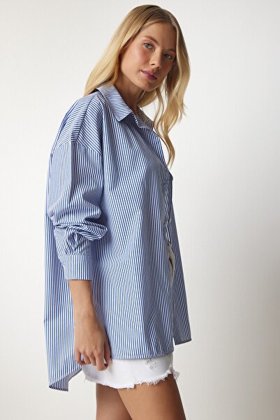 Happiness İstanbul Dámská nebesky modrá pruhovaná oversize dlouhá základní košile UB00143