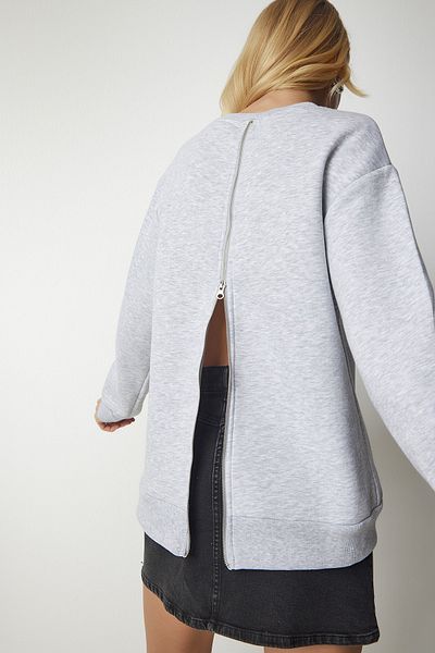 Happiness İstanbul Graues Strick-Sweatshirt mit Reißverschluss auf der Rückseite für Damen UB00146