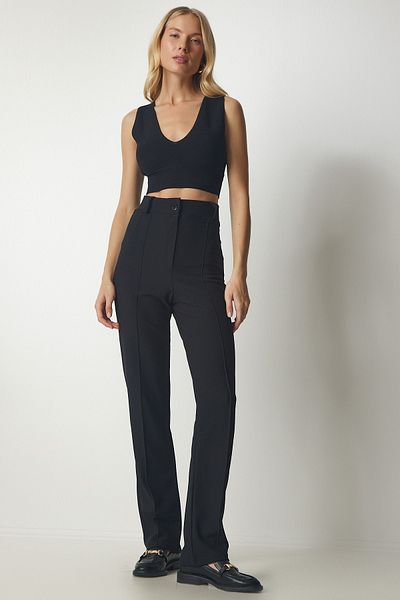 Happiness İstanbul Women's Black High Waist Comfortable Knitted Pants rv00132