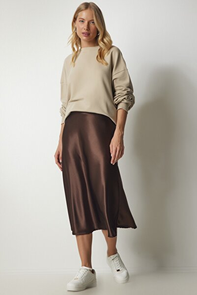 Happiness İstanbul Damska brązowa satynowa spódnica DD01144
