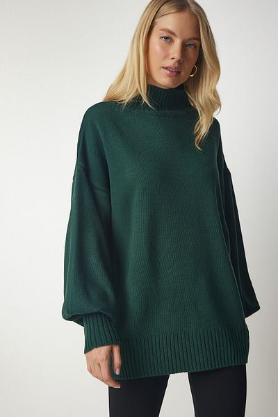 Happiness İstanbul Dunkelgrüner Oversize-Strickpullover mit Stehkragen für Damen, Basic, YY00167