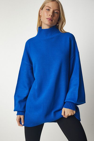 Happiness İstanbul Blauer Oversize-Strickpullover mit Stehkragen für Damen, Basic, YY00167