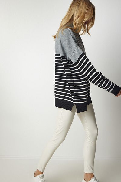 Happiness İstanbul Grau-schwarz gestreifter Strickpullover mit Reißverschluss und Stehkragen für Damen YY00166