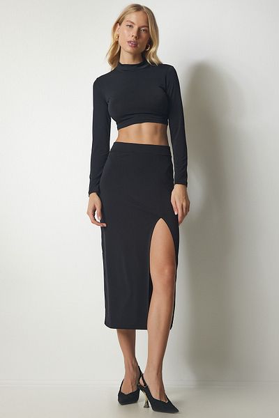 Happiness İstanbul Women's Black Sandy Stand Collar Crop Skirt Set DZ00104