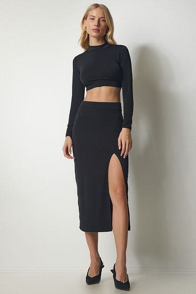 Happiness İstanbul Women's Black Sandy Stand Collar Crop Skirt Set DZ00104