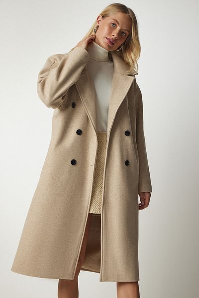 Happiness İstanbul Beigefarbener Oversize-Mantel mit zweireihigem Kragen und Stempelmuster für Damen mx00138