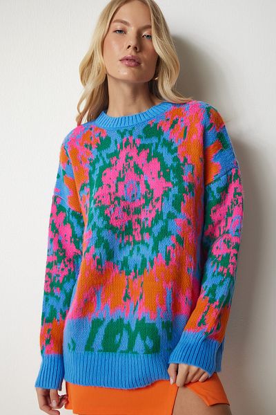 Happiness İstanbul Pulover de damă, albastru deschis, portocaliu, cu model, tricotaje PF00001