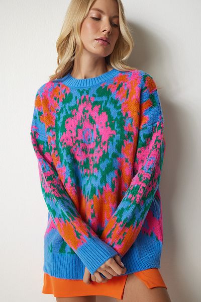 Happiness İstanbul Pulover de damă, albastru deschis, portocaliu, cu model, tricotaje PF00001