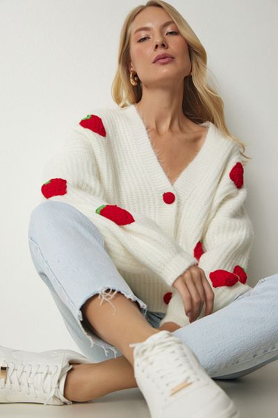 Happiness İstanbul Übergroße Strickjacke mit Erdbeermotiv für Damen, Knochenmuster, PF00008
