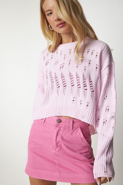 Happiness İstanbul Women's Light Pink Ripped Detailed Knitwear Sweater PF00005