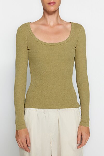 Trendyol Collection Khaki Antique/Faded Effect Ribbed Pool Neck Fitted Cotton Stretch Knitted Blouse TWOAW24BZ00301
