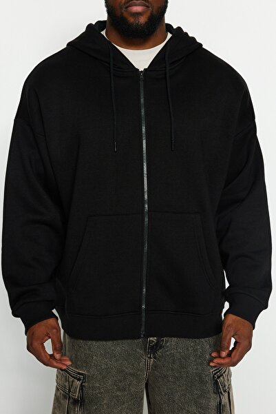 Trendyol Collection Μαύρο φούτερ με κουκούλα μεγάλου μεγέθους TMNAW24AO00003