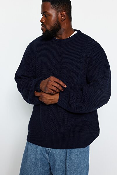 Trendyol Collection Πλεκτό πουλόβερ Navy Blue Oversize - Φαρδιά εφαρμογή, λαιμόκοψη, Plus Size TMNAW24AN00001