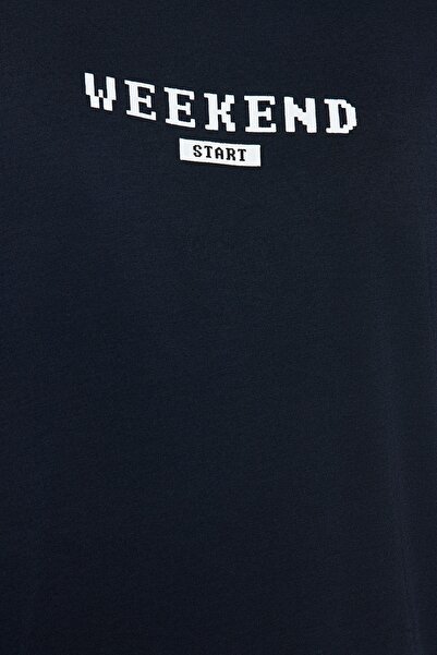 Trendyol Collection Navy Blue 100% Cotton Regular Fit Printed Knitted Plus Size Pajamas Set Tmnaw24Ai00005