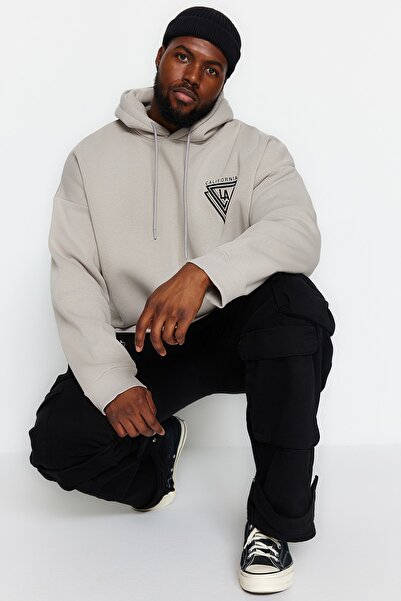 Trendyol Collection Gray Large Size Hooded Oversize/Wide Cut Fleece Embossed Printed Sweatshirt Tmnaw24Ao00026