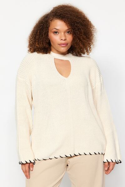 Trendyol Curve Béžový svetr s okénkem/výřezem s detailním žebrovaným úpletem TBBAW24AN00038