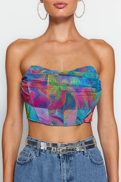 Trendyol Collection Fialová – vícebarevný tištěný tyl Bustier TPRSS23BS00104