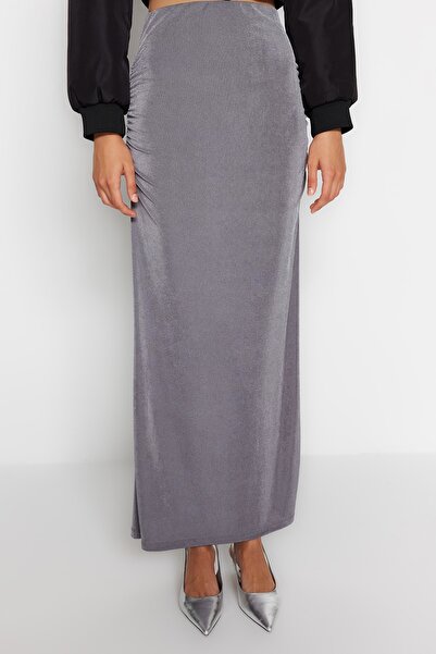 Trendyol Collection Gray Premium Glossy Surface and Soft Texture Draped Maxi Knitted Skirt TWOAW24ET00090